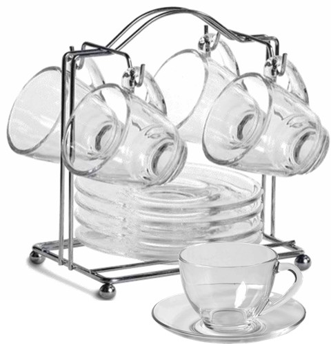 Demitasse Set Clear Glass with Metal Rack 9 Pieces